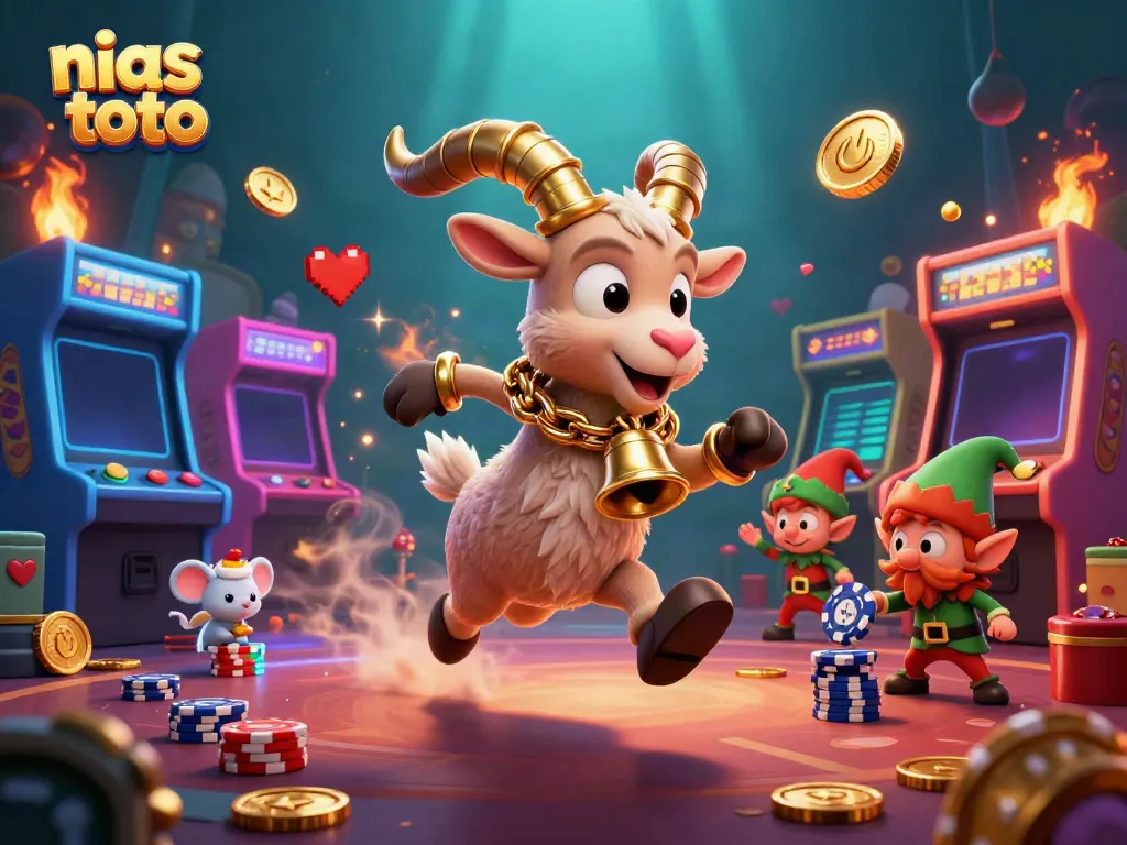 Gambaran kasino yang meriah dengan Nias Toto, Krampus mengawasi penjudi dan gremlin mencuri chip poker.
