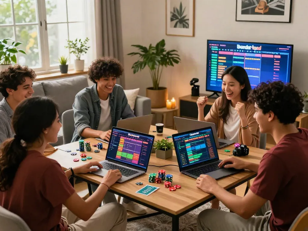 Friends enjoying Bandar Togel betting together in a cozy setting.