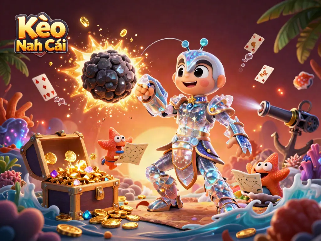Kèo Nhà Cái showcases a vibrant 3D scene with energetic characters and exploding treasures, emphasizing sports betting.