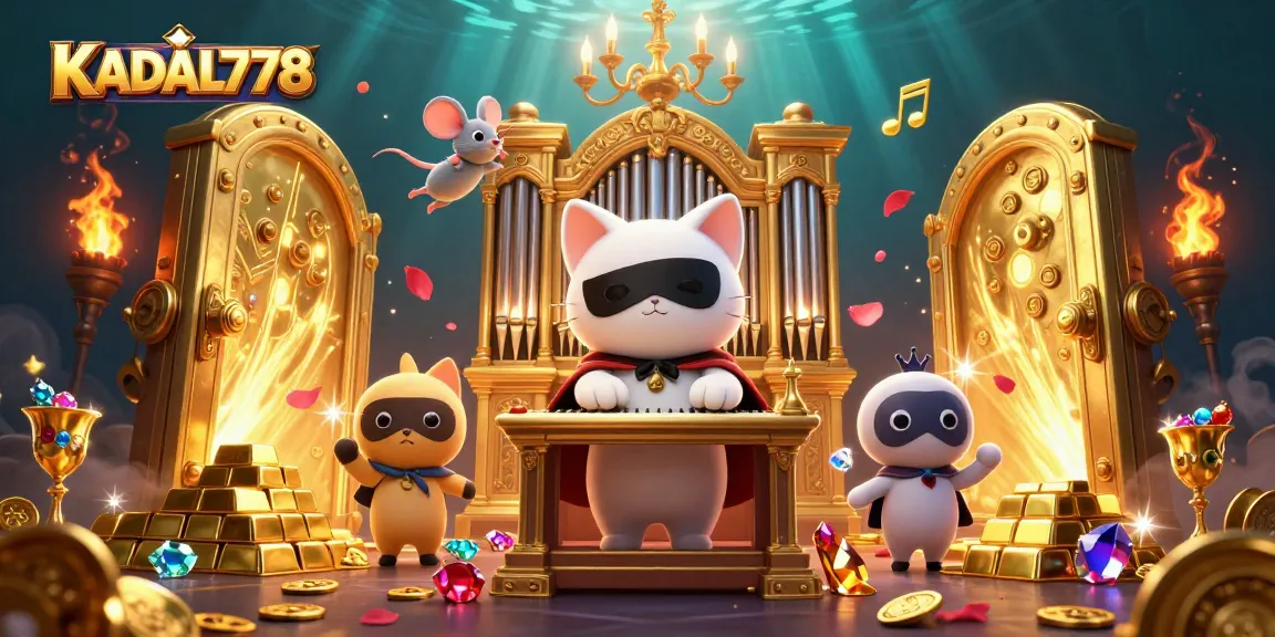 KADAL778 showcases a vibrant casino scene with a white cat in a mask, symbolizing thrilling gaming excitement.
