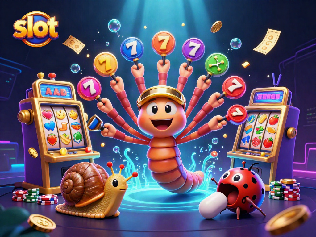 Spin the slot reels with the cartoon dealer in an exciting casino scene full of vibrant energy.