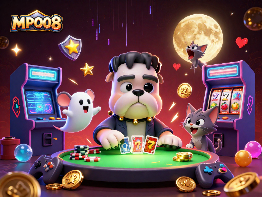 MPO08 offers thrilling slot experiences with a unique 3D casino illustration featuring captivating characters.
