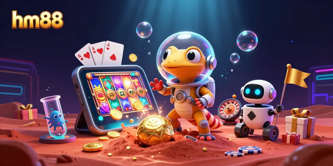 Experience the excitement of hm88 in this vibrant 3D scene featuring a Martian gecko discovering a golden casino.