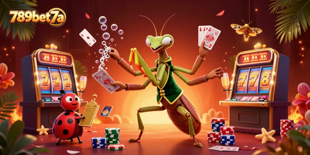 Join the excitement at 789bet7a as characters deal cards and celebrate in a vibrant casino scene.