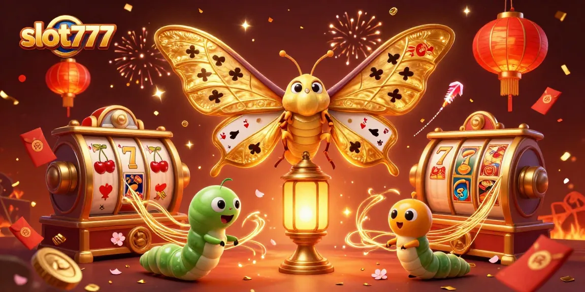 Engage with slot777's vibrant scene featuring a golden moth and slot reels amidst festive decorations.
