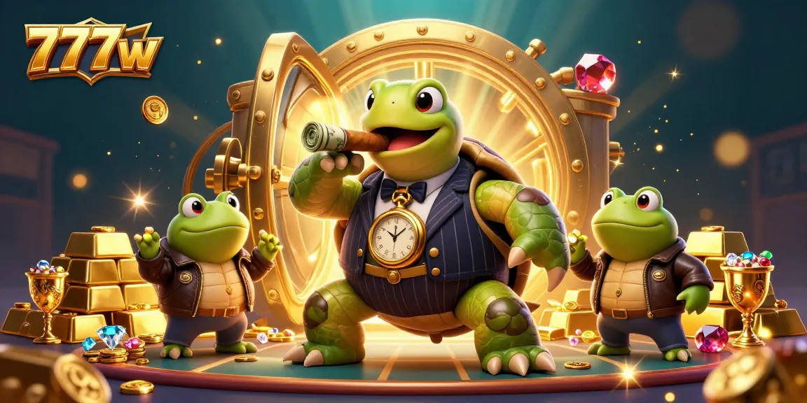 The snapping turtle and bullfrogs animate excitement at 7777w's vibrant casino scene filled with riches.