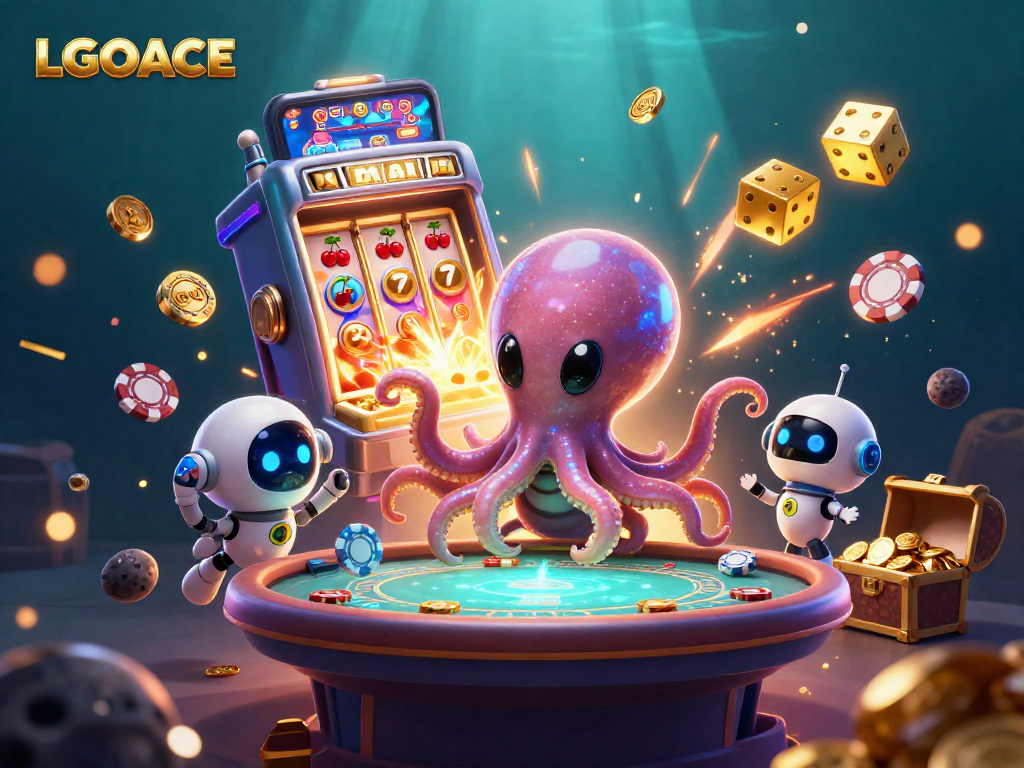 LGOACE alien octopus at a poker table, surrounded by jackpot symbols and colorful casino elements