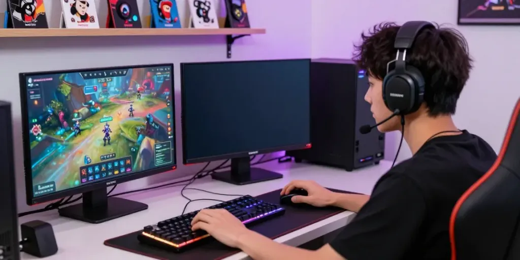 Gamer beraksi di platform harum4d dengan aksesori permainan yang mencolok.