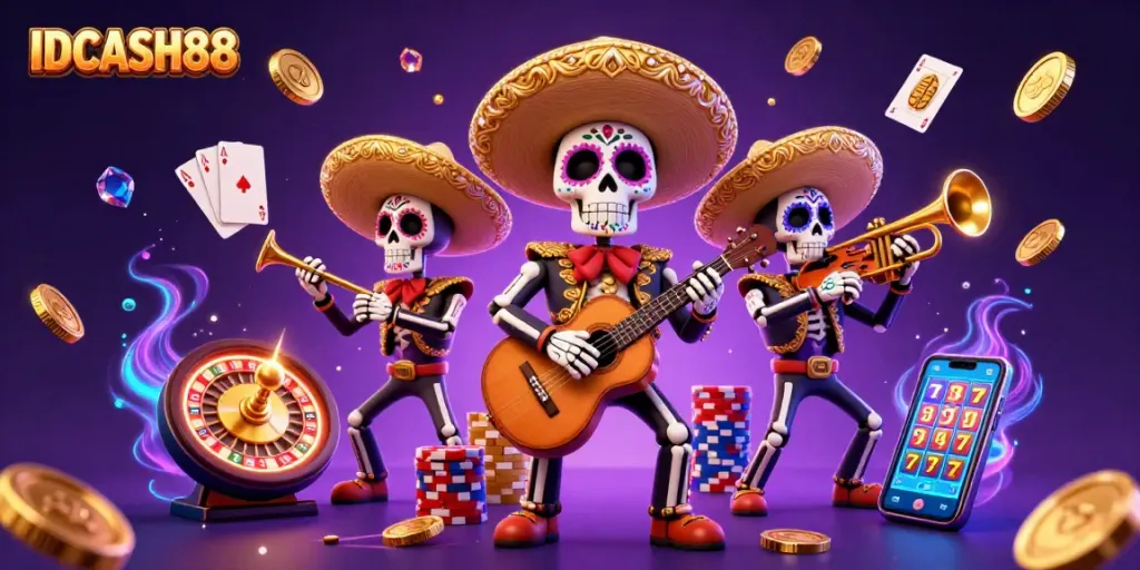 Engage with IDCASH88's vibrant casino scene, where a mariachi band plays amidst cascading coins and poker chips.