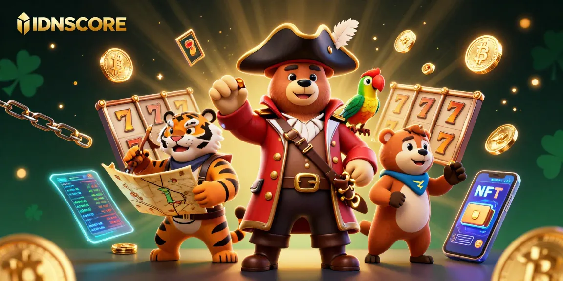 Engage in thrilling gameplay with IDNSCORE's pirate captain bear, showcasing slot reels and crypto elements.