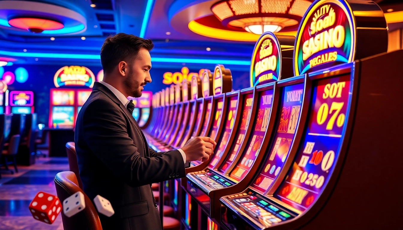 Player excitedly engages with a slot88 machine in a luxurious casino setting filled with vivid lights and action.
