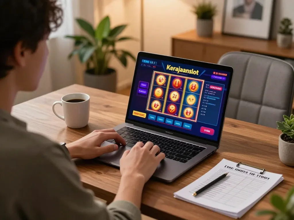 Engaging session of kerajaanslot gameplay on laptop showcasing vibrant online casino action.