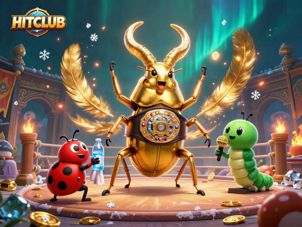 Experience HITCLUB: A colorful cartoon scene with a giant beetle champion at an exciting casino showdown.