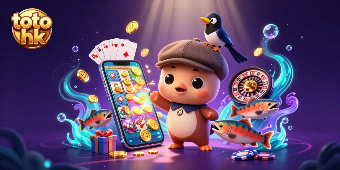 Gambar karakter lucu dengan toto hk yang mengundang keberuntungan di dunia slot yang penuh warna.