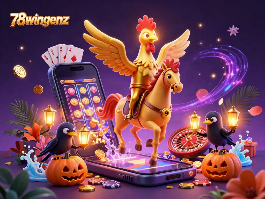 Engage with 78wingenz in a colorful 3D casino setting featuring gold, slots, and vibrant characters.