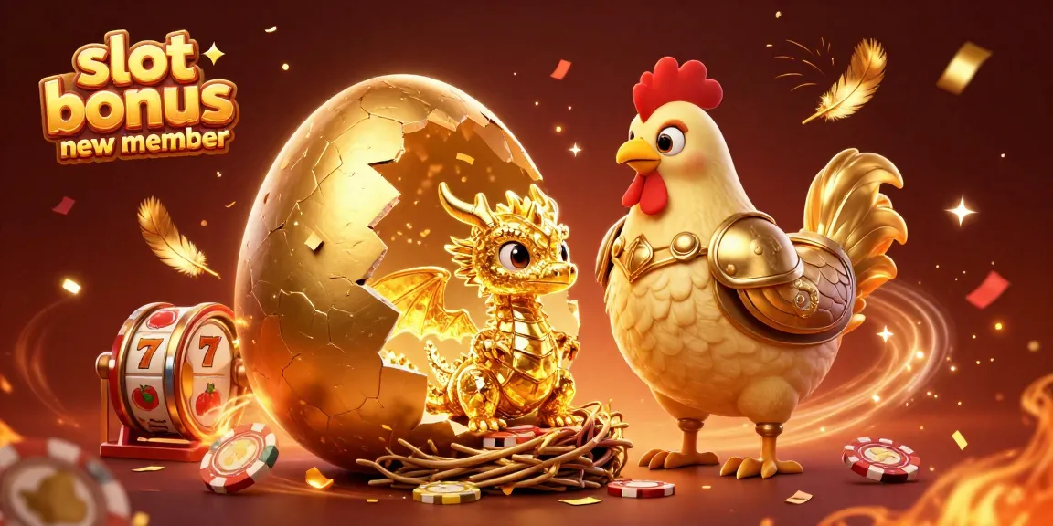 Slot bonus anggota baru dengan simbol keberuntungan dan jackpot yang bersinar di latar belakang.