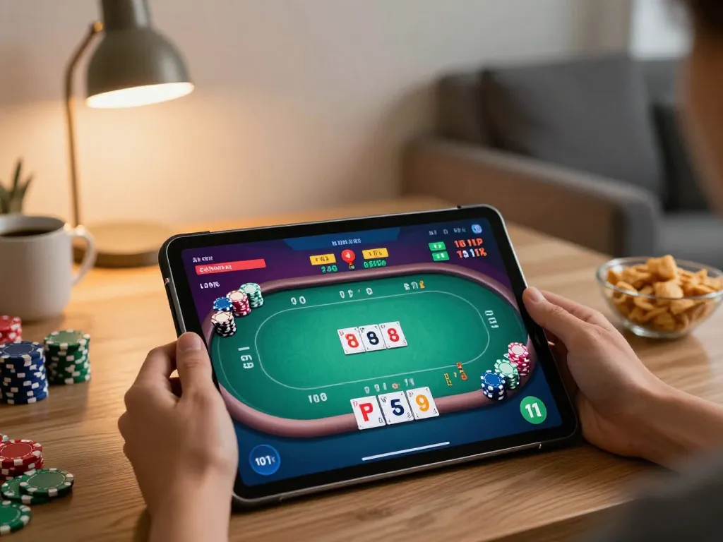 Engaging in a QQ SLOT online poker game on a tablet during a cozy home session.