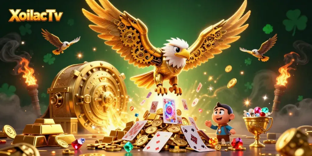 XoilacTv soars in a vibrant illustration celebrating exciting casino challenges and treasures.