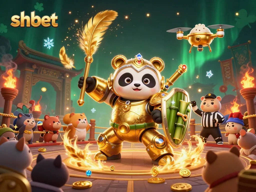 Engage in excitement with sh bet's dynamic casino environment featuring a golden panda in a mech-suit.