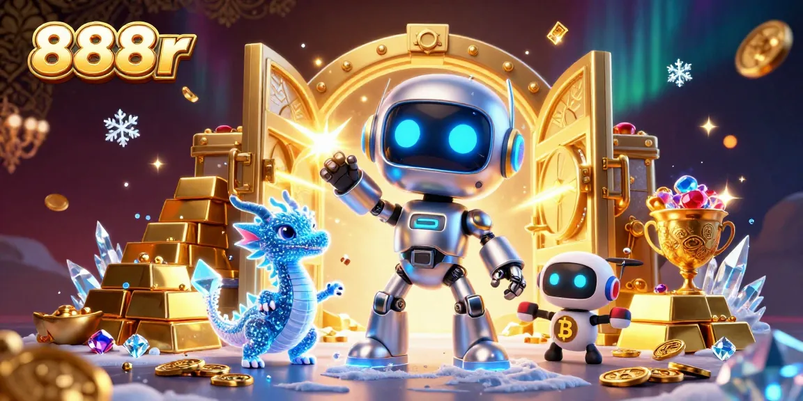 Experience thrilling gaming with 888r featuring vibrant visuals, dynamic 3D robots, and treasure elements.