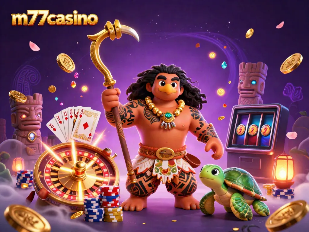 m77casino menghadirkan ilustrasi kasino yang berwarna-warni dengan elemen permainan yang menarik