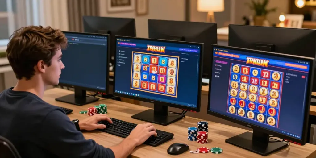 totowin88 dengan pemain yang antusias bermain togel online di ruang kerja modern.