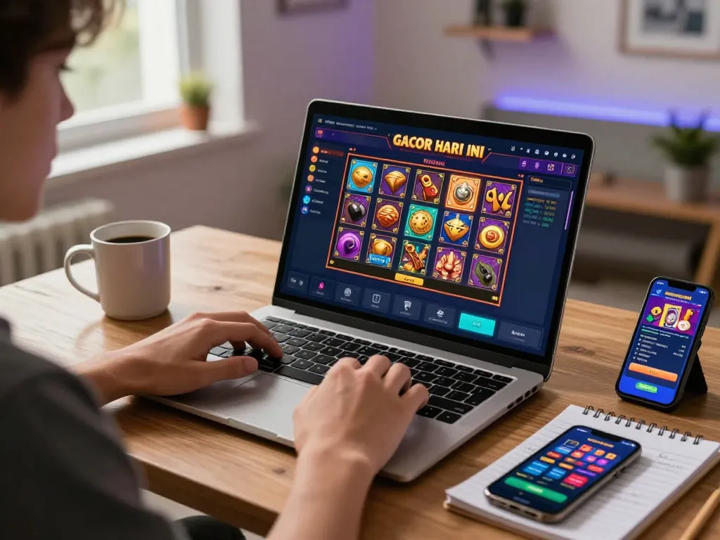 Engaged player exploring slot gacor hari ini online, surrounded by casino strategy notes and vibrant visuals.