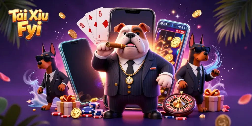 Tài Xỉu Fyi showcases a mafia bulldog boss amidst vibrant casino elements and games.