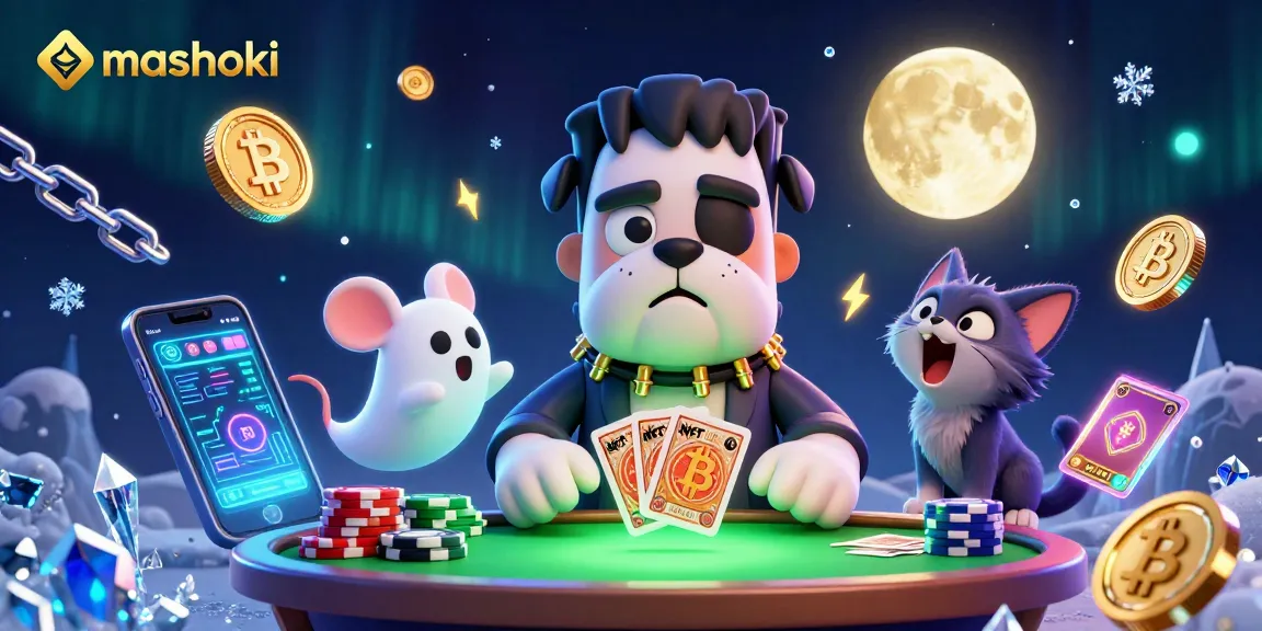 Engage with mashoki as the Frankenstein bulldog dealer entertains at a crypto-themed casino table.