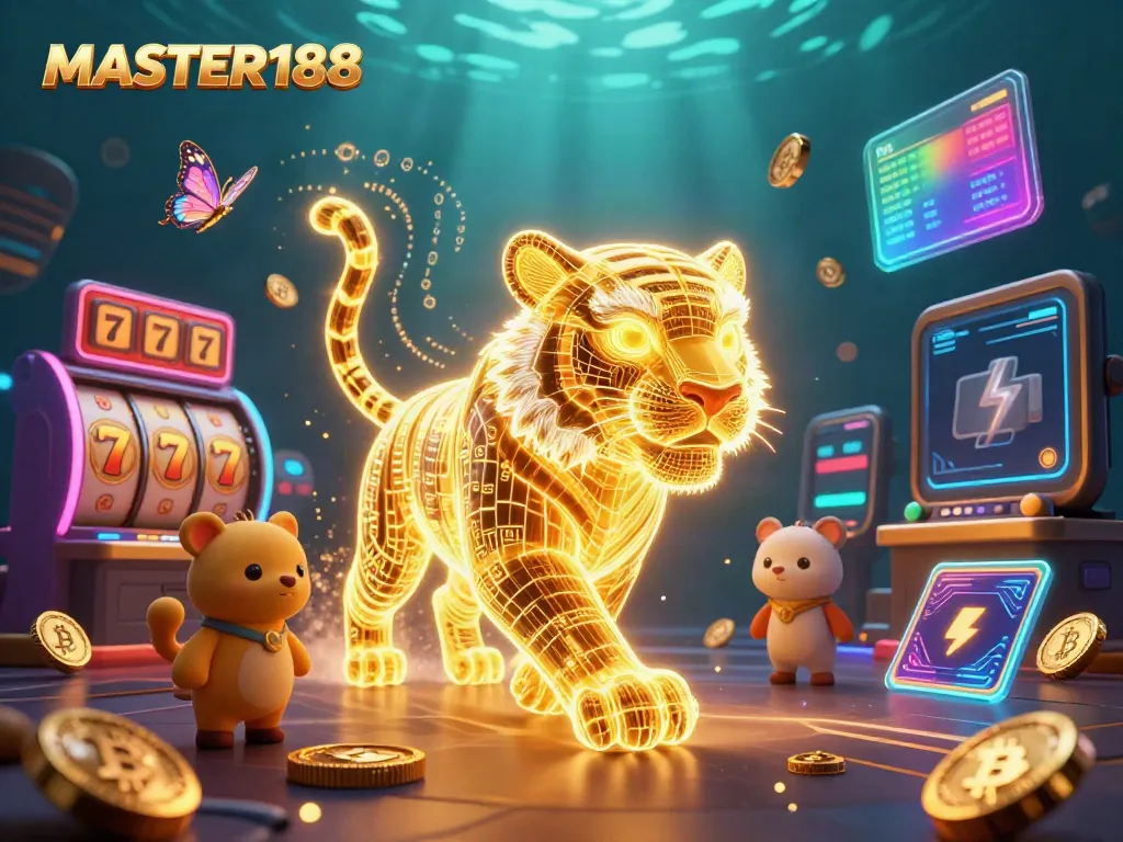 Engage with MASTER188 in a vivid digital casino scene featuring a neon-wireframe tiger and vibrant game elements.