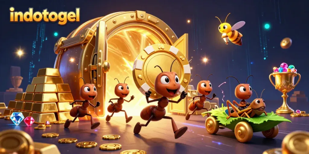Ants execute a heist in the indotogel scene with golden poker chips and treasure surrounds.