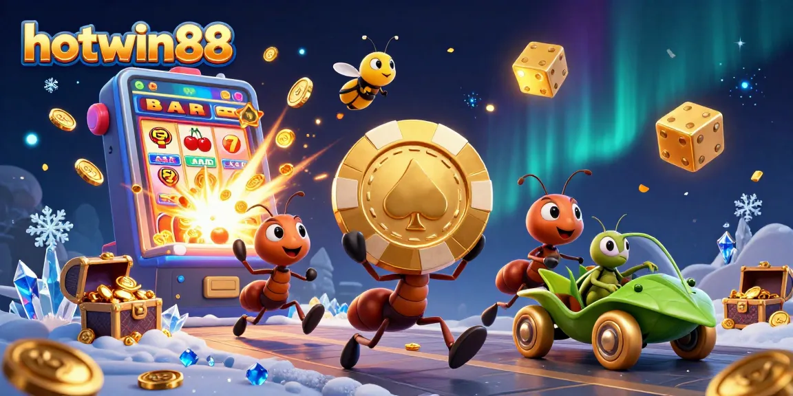 Hotwin88 menghadirkan ilustrasi dinamis tim semut 3D mencuri chip poker emas dalam pengalaman kasino interaktif.