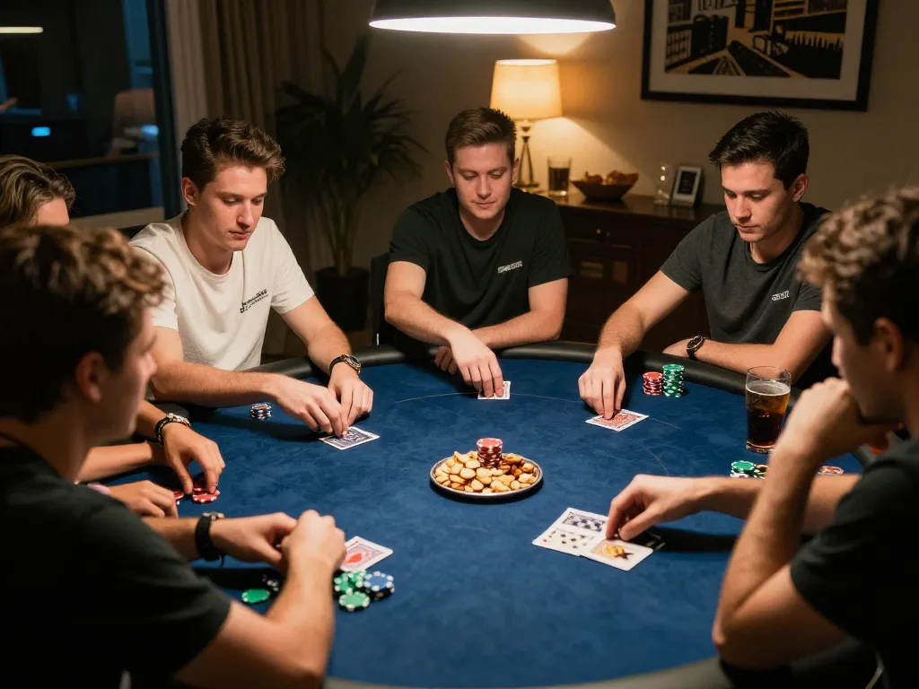 SATRIA123 players engaged in a friendly poker night, showcasing strategy and camaraderie.