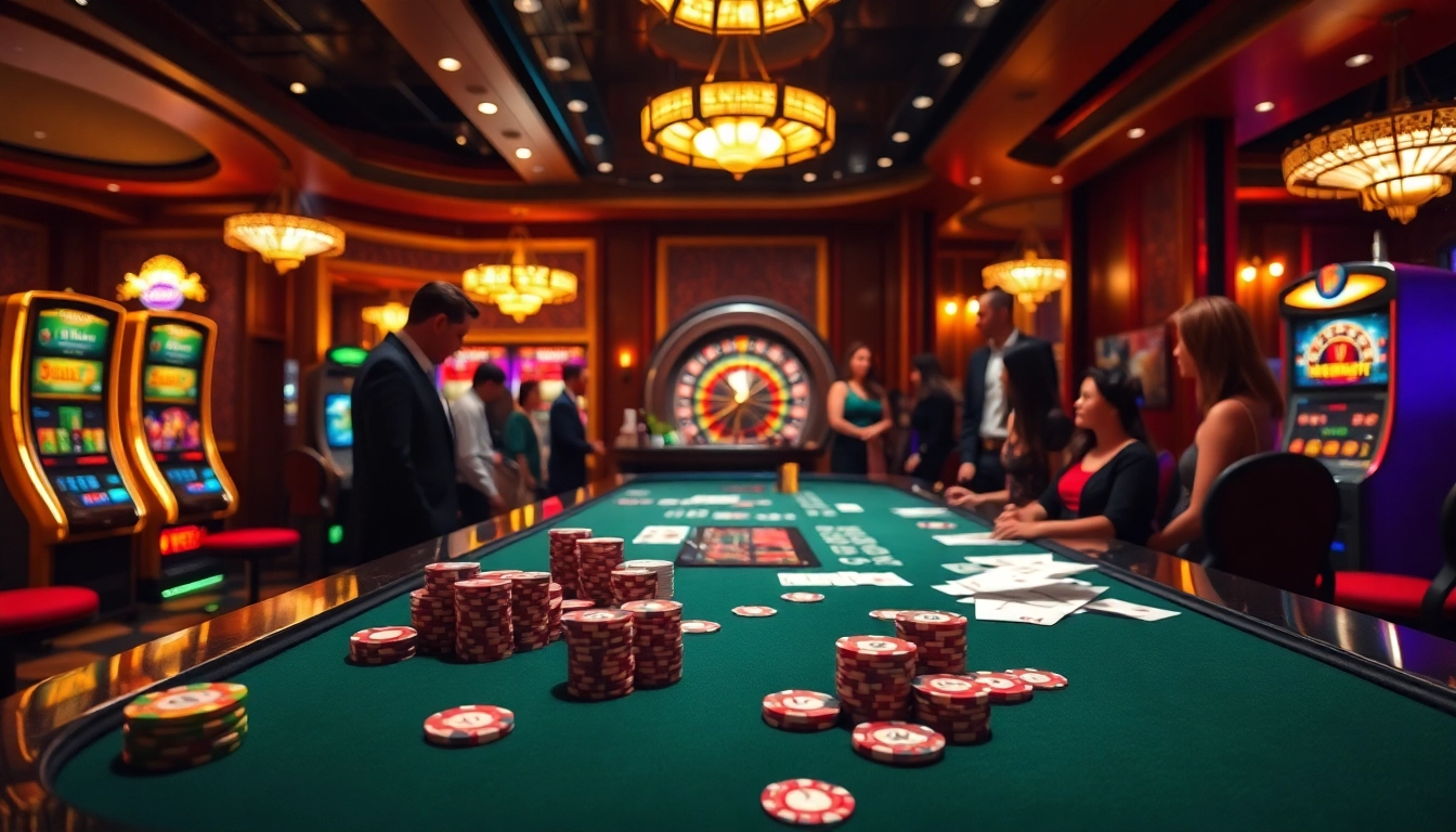 Exciting gameplay at Nohu90 casino, showcasing vibrant slot machines and engaging poker table.