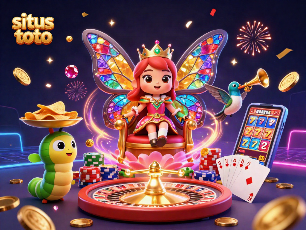 Menggandeng situs toto, ilustrasi festival kasino dengan ratu kupu-kupu dan keranjang berisi chip mengundang keberuntungan.