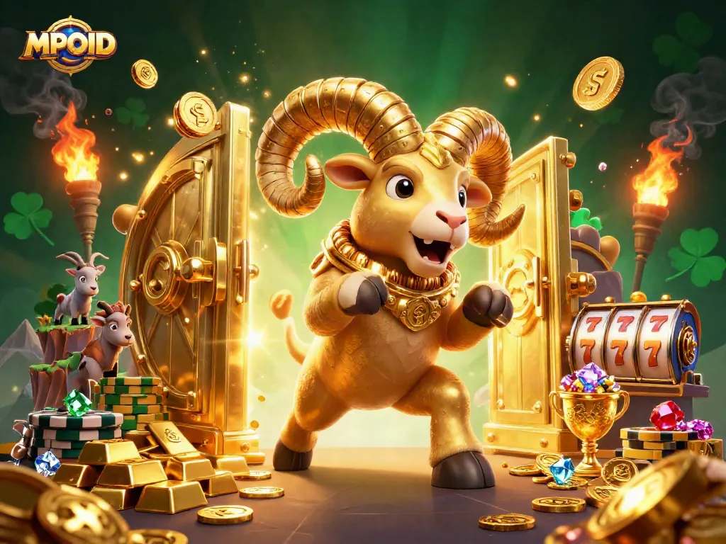 MPOID engages players with immersive gaming features, showcasing a golden ram charging through a treasure vault.