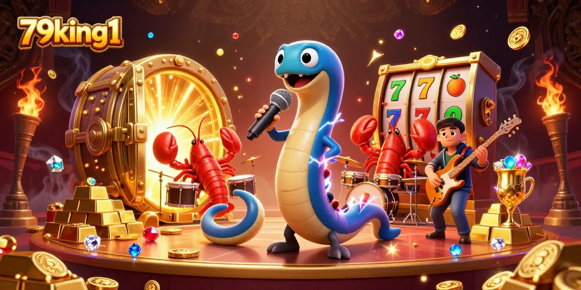 79king1 showcases a vibrant DJ eel performing at an underwater casino, surrounded by treasure elements.