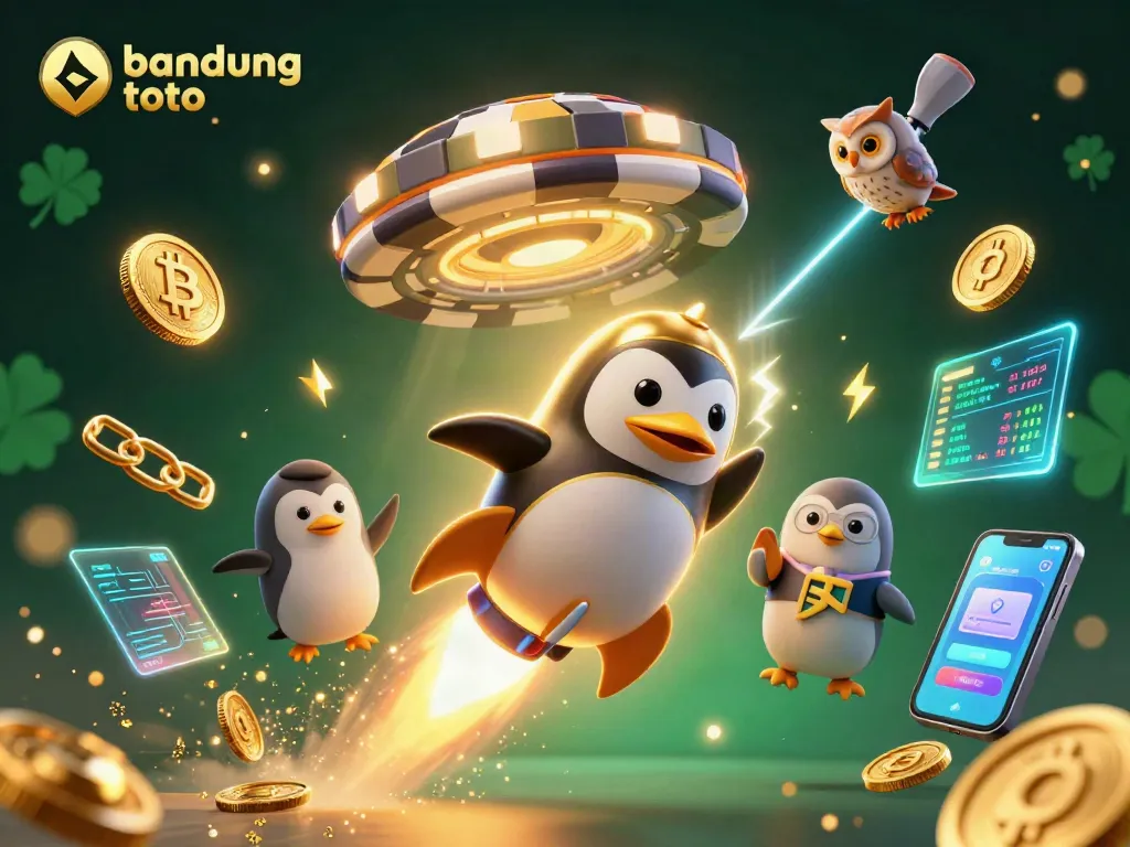 Play thrilling games at bandung toto, featuring a dynamic rocket-powered penguin in a vibrant casino space scene.