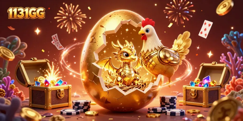 Menangkan permainan di 1131GG dengan keberuntungan dari naga emas yang diapit oleh chip poker dan koin emas.