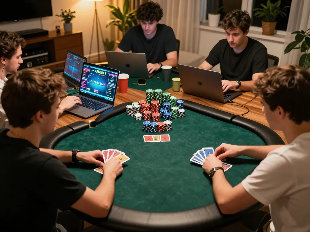 Players enjoying strategic online poker game at home, showcasing 78win tournament excitement