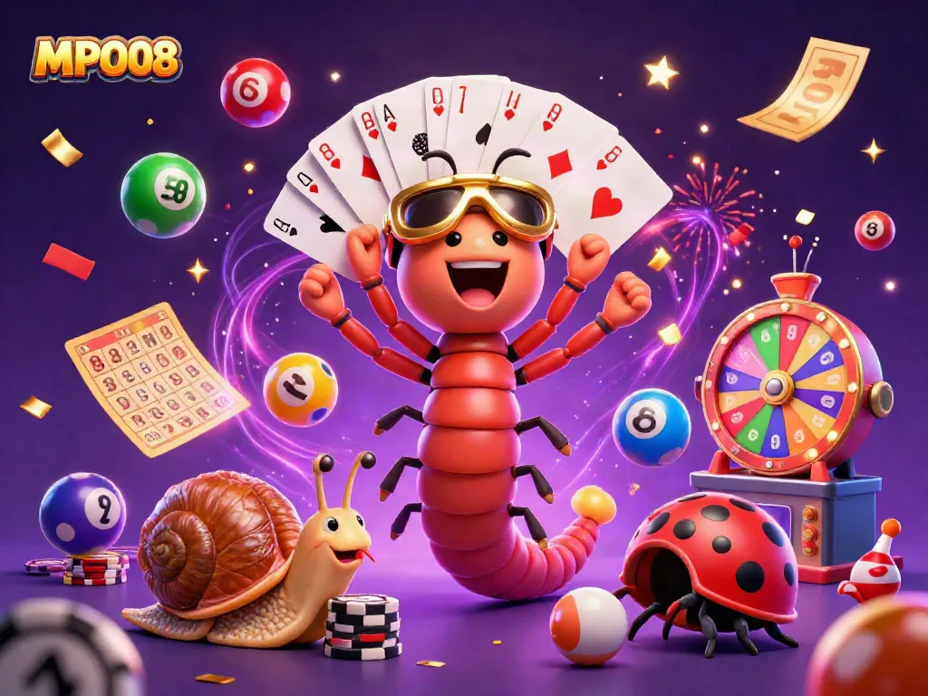 MPO08 showcases a colorful high-energy casino scene with vibrant lottery elements and whimsical characters.