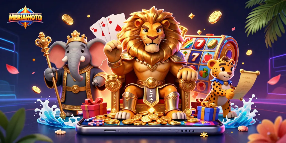 Gambarkan keseruan bermain slot MERIAHTOTO dengan singa raja bertahta dan simbol beruntun yang menguntungkan.