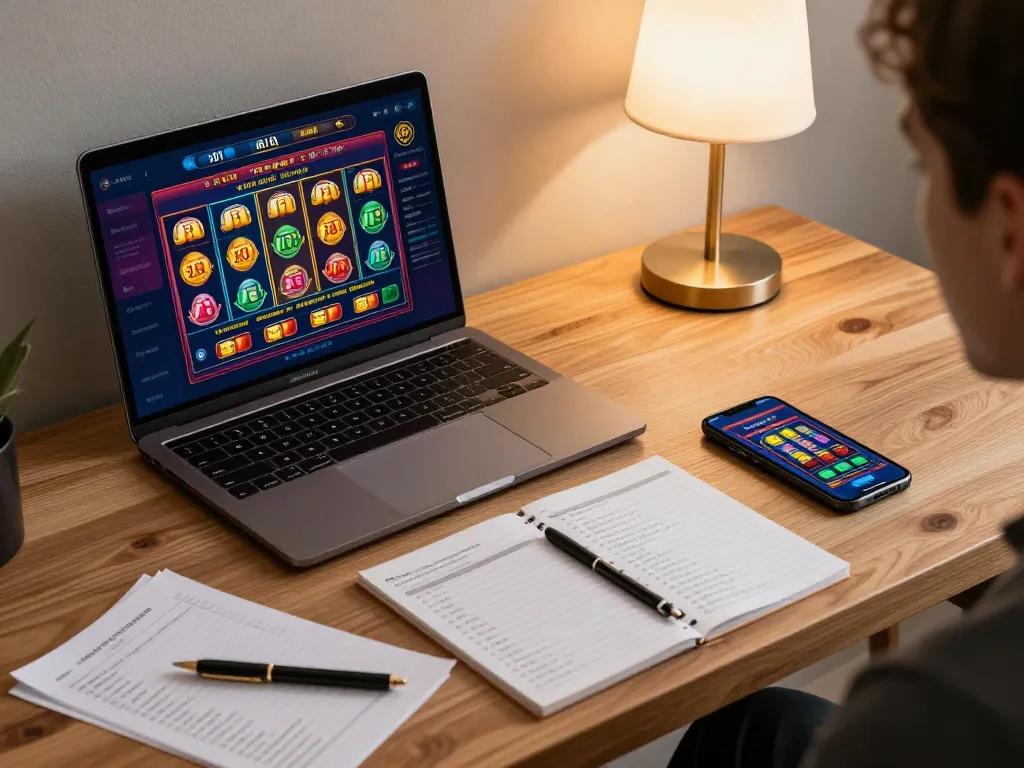 Pengalaman permainan online yang menarik menampilkan gameplay alexis500 di laptop dan smartphone di bawah pencahayaan hangat