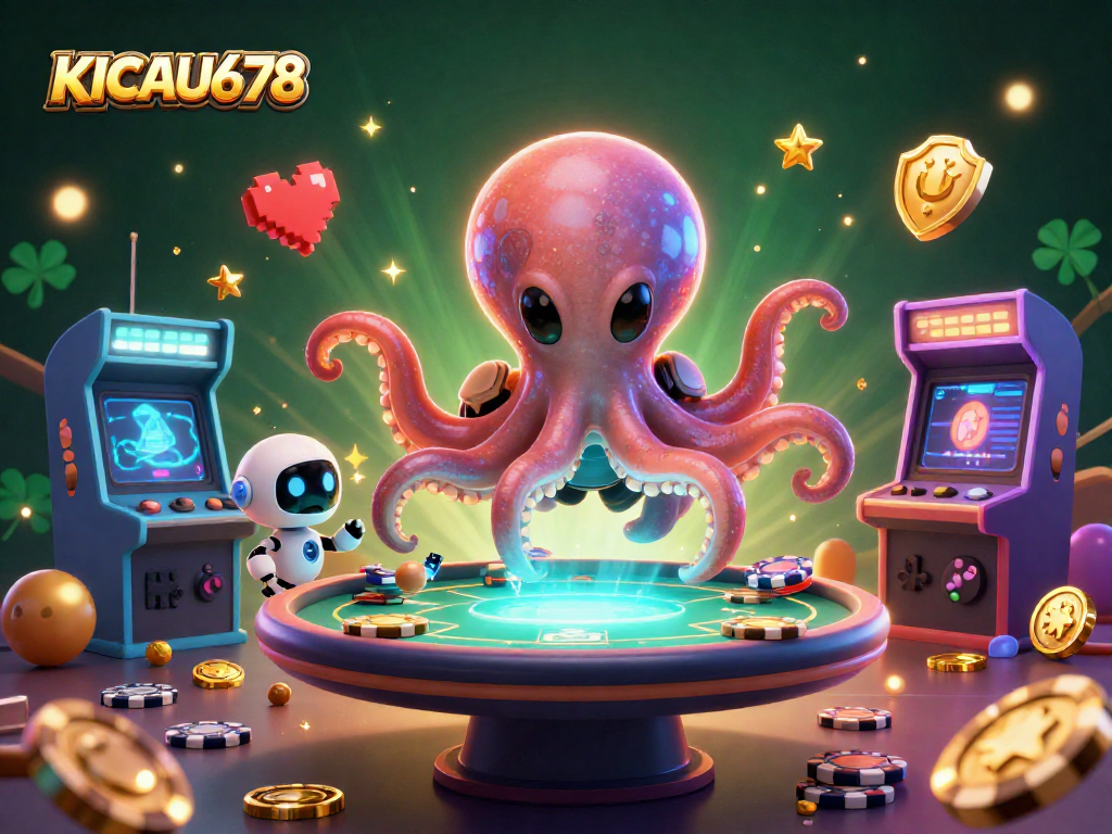 KICAU678 showcases an alien octopus running a holographic poker table amidst vibrant casino elements.
