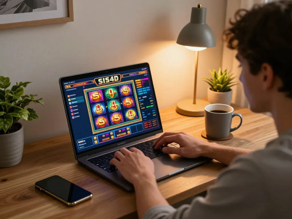 Player engaging with sis4d online slots on laptop in a cozy home setting, illustrating responsible gaming