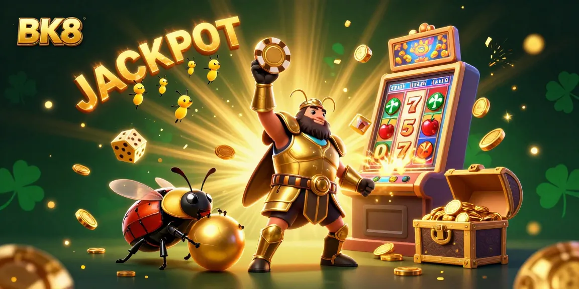 Experience the thrill of BK8 with a 3D illustration showcasing a victorious beetle amid jackpot excitement!