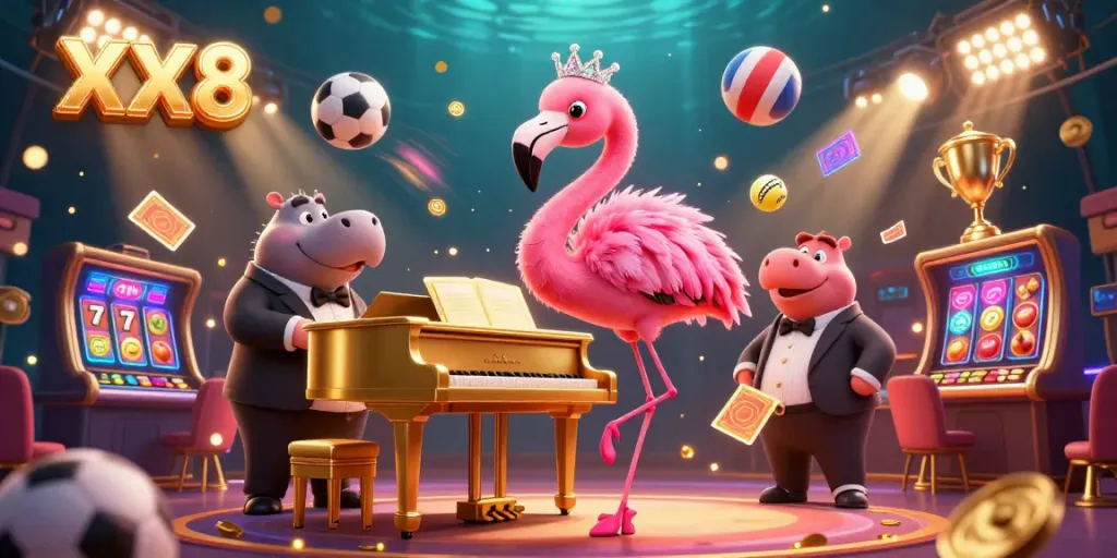Experience excitement at XX8 with a vibrant 3D casino scene featuring a flamingo singer and hippo bassist.