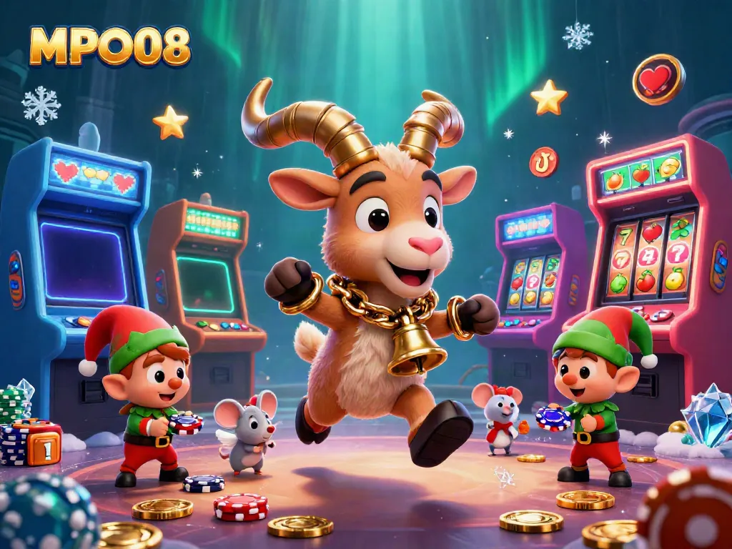 MPO08 showcases a lively casino with Krampus, an angel mouse, and elf gremlins amid slot machines and festive elements.