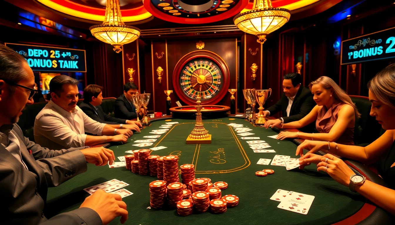 Engaging poker table scene with vibrant chips and cards highlighting depo 25 + bonus 27 in a luxury casino setting.