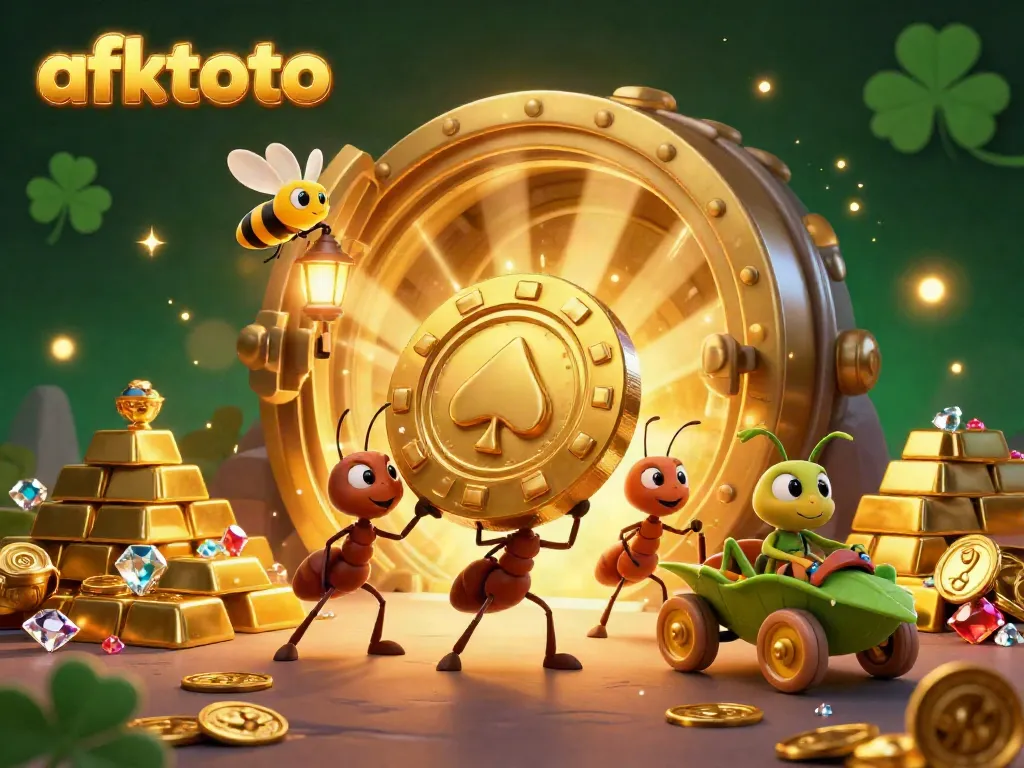 Tim semut menjalankan pencurian dengan chip poker raksasa di afktoto, dikelilingi harta berkilau.